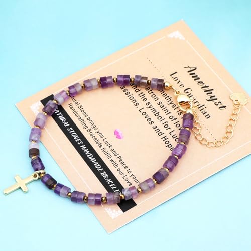 Natural Gemstone Healing Crystal Dainty Charms Bracelet Adjustable Chain Extender Minimalist Jewelry - color: Amethyst + Cross