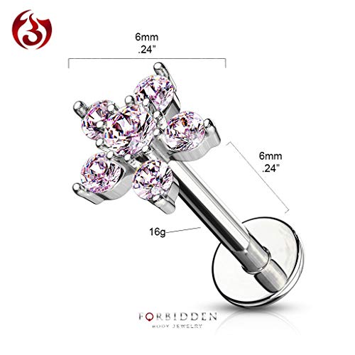 Forbidden Body Jewelry 16g 6-8mm Internally Threaded Surgical Steel Cartilage/Tragus/Labret/Monroe Stud w/Double Tier Floral Top - style: Pink/Clear