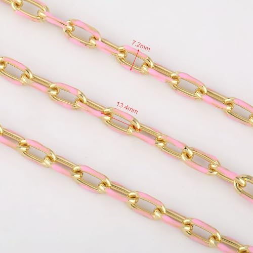 KYUNHOO 2M 18K Gold Plated Chain for Jewelry Making Pink Enamel Chain Spool | Unwelded Paperclip Chain Link Enamel Necklace Making Supplies Chunky Chains for Crafts DIY - color: Pink