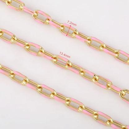 KYUNHOO 2M 18K Gold Plated Chain for Jewelry Making Pink Enamel Chain Spool | Unwelded Paperclip Chain Link Enamel Necklace Making Supplies Chunky Chains for Crafts DIY - color: Pink