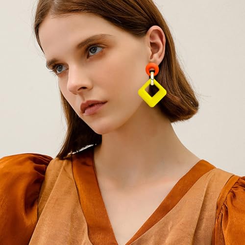 70s 80s Vintage Resin Neon Square Dangle Drop Earrings Simplicity Acrylic Hollow Round Circle Geometry Stud Earrings for Women - style: Yellow Orange