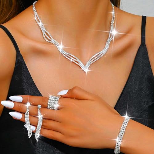Rhinestone Bridal Wedding Jewelry Sets Black Necklace Earrings Bracelet Ring Set Prom Formal Costume Jewelry Set for Women and Brides - color: Silver