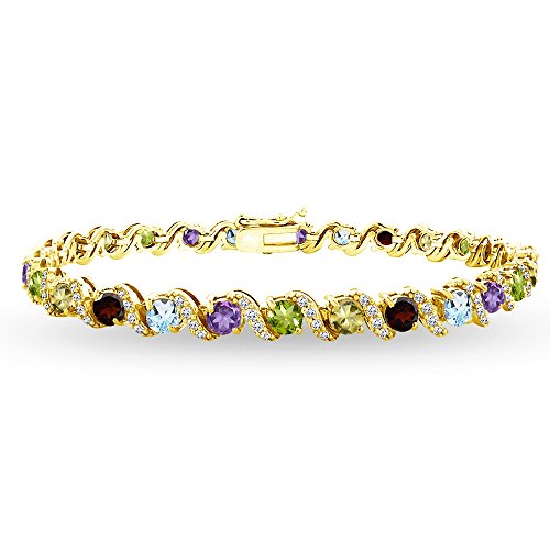 B. BRILLIANT Sterling Silver Genuine, Created or Simulated Gemstone Round S Design Tennis Bracelet for Women - color: Multi Gem - Gold Flash