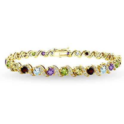 B. BRILLIANT Sterling Silver Genuine, Created or Simulated Gemstone Round S Design Tennis Bracelet for Women - color: Multi Gem - Gold Flash