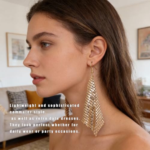Mesh Sequin Tassel Long Drop Earrings for Women, Lightweight Metal Grid Fringe Dangle Earrings, Colorful Sparkly Alloy Wedding Bridal Party Jewelry (1 pair) - color: Gold