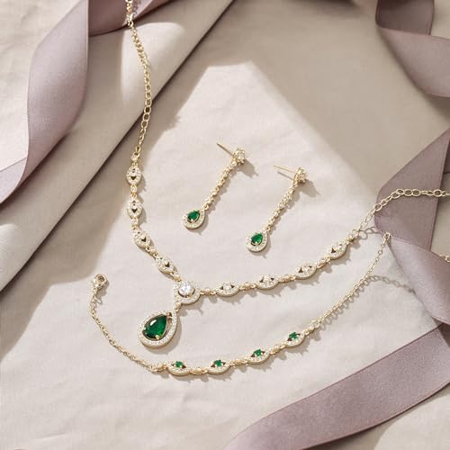 EVER FAITH Bridal Jewelry Set for Women, Stunning Teardrop Cubic Zirconia Birthstone Necklace Bracelet Earrings Sets Gift for Mothers Day/Valentines/Birthday/Christmas - color: Green Gold-Plated-Brass