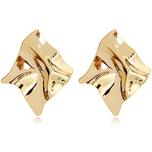 REELMAR Chunky Geometric Clip On Earrings for Women Trendy Gold-Plated Thick Hammered Rectangle Dupes Earrings Minimalist Statement Earrings No Piercing Clips - color: Chunky-Gold