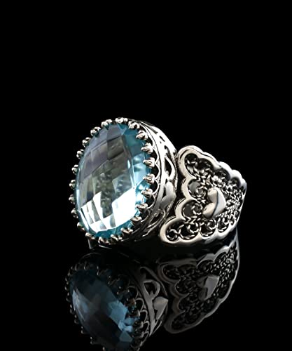 Filigranist 925 Sterling Silver Handcrafted Filigre Art Double Heart Detailed Women Cocktail Ring with Gemstones - color: Sky Blue Topaz