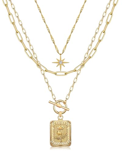 MJartoria Layered Necklaces for Women, 14K Gold Plated Brass | Star Choker, Square Birth Flower, Paperclip Chain, Trendy - color: Gold, style: Z10-Marigold