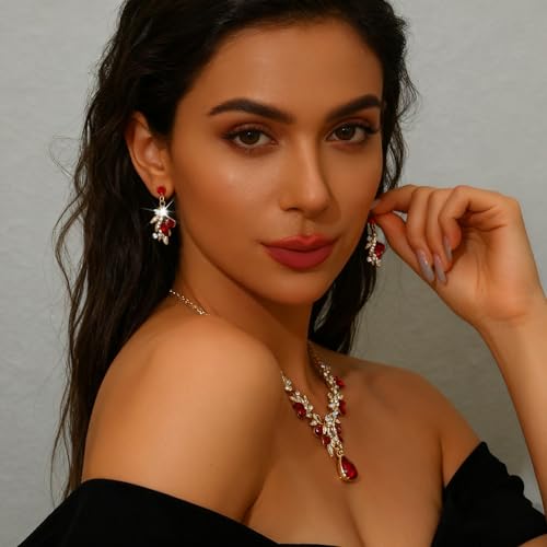 CJIAYUJEW Cubic Zirconia Wedding Jewelry Sets for Bride Bridesmaid Cluster Crystal Teardrop Pendants Jewelry Set Necklace Earring for Brides Bridesmaid for Wedding Party - color: Red
