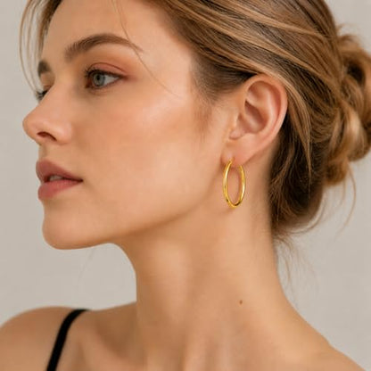 14K Gold Hoop Earrings for Women, Classic Minimalist Medium & Large Gold Hoops, Lightweight Round Hoop Earrings, Available in 35/45/55mm - size: 35MM