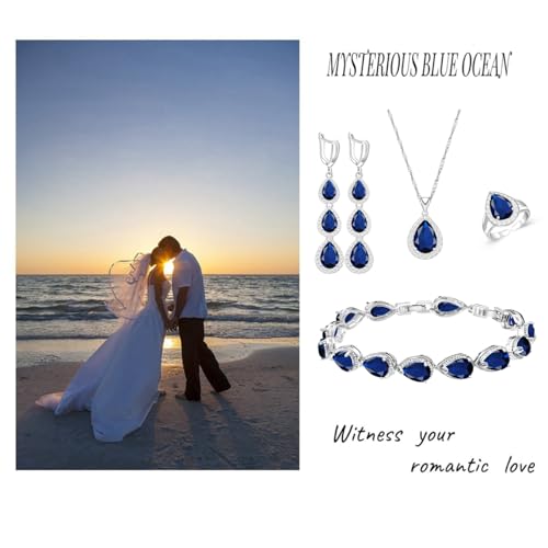 LMXXVJ Necklace Long Earrings Bracelet Set, White Gold Plated Created Blue Sapphire Jewelry Set Wedding Party Gift Jewelry for Women Bridal Bridesmaid - color: White Gold-Blue Ring