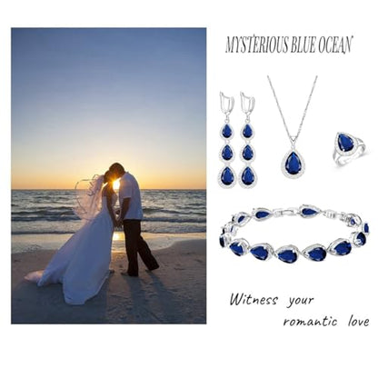 LMXXVJ Necklace Long Earrings Bracelet Set, White Gold Plated Created Blue Sapphire Jewelry Set Wedding Party Gift Jewelry for Women Bridal Bridesmaid - color: White Gold-Blue Ring
