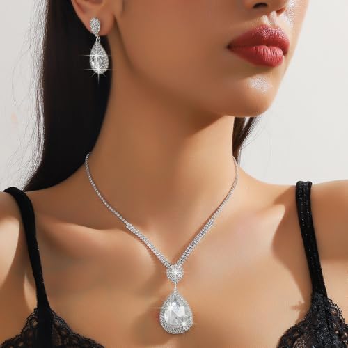 Fashion Red Black Colorful Bridal Teardrop Layered Crystal Necklace Earrings Set Sparkly Rhinestone Crystal Elegant Bridal Teardrop Shape Choker Earrings For Prom Costume Set Christmas Halloween Full Rhinestone Choker Necklace Earrings for Women - color: