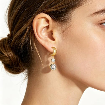 Gold Dangle Earrings for Women 14K Gold Plated Chunky Huggie Hoops Drop Earring Trendy Cubic Zirconia Diamond Crystal Round Teardrop Heart Charm Hypoallergenic Statement Jewelry Gifts - color: gold