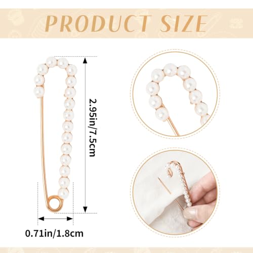 Faux Pearl Safety Pins, 10pcs 2.95inch Sweater Shawl Clip Brooch Pins for Women Clothing Dress Pants Skirt Waist Pants Extender Dressing Accessories (Gold)