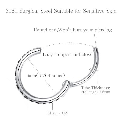 ORANGELOVE 20G 18G 16G Clear CZ Nose Ring Hoop 316L Surgical Steel Seamless Silver Septum Ring Clicker Jewelry Cartilage Earring Ear Piercing Hoop Earrings for Women Men Helix Rook Lobe Conch Tragus Daith Lip Hinged Piercing Jewelry with Cubic Zirconia -