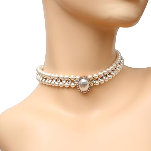 S SUSANN Costume Layered Twisted Gold Pearl Necklace Choker Chunky Glass Statement Pearl Necklace and Earring set, good gift for women Faux pearl necklace set - style: white rhinestones short choker