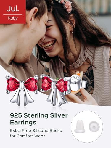 ChicSilver 925 Sterling Silver Bow/Butterfly Earrings for Women Hypoallergenic Birthstone Earrings Dainty Bow/Butterfly Jewelry Gift for Women - color: Bow-July-Ruby