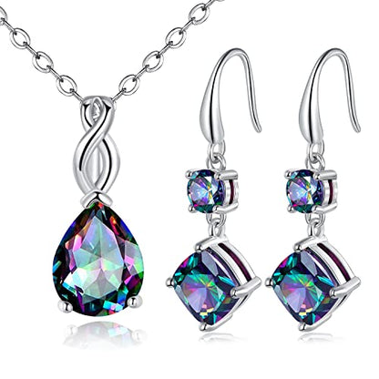 VOLUKA Created Opal/Amethyst/Mystic Topaz Pendant Necklace for Women,18K White/Rose Gold Plated Chain Wedding Engagement Jewelry Gift - color: K-Necklace/Dangle Earrings