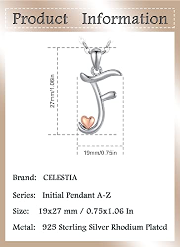 CELESTIA 925 Sterling Silver Initial Necklaces 26 Letter with Rose Gold Heart - 18 Inch Chain - color: F-Initial