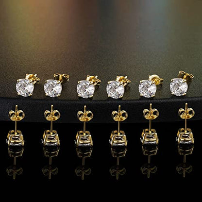 MDFUN Hypoallergenic CZ Stud Earrings Set for Women/Men,6 Pairs 18K Gold Plated Round 3-8mm Clear Cubic Zirconia Earring Pack Jewelry Gift - color: Yellow gold-7mm-6 pairs