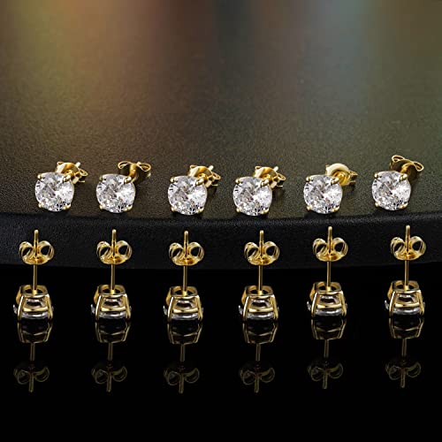 MDFUN Hypoallergenic CZ Stud Earrings Set for Women/Men,6 Pairs 18K Gold Plated Round 3-8mm Clear Cubic Zirconia Earring Pack Jewelry Gift - color: Yellow gold-4mm-6 pairs