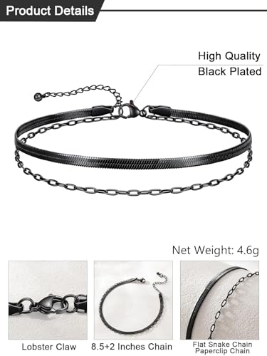 U7 Silver/Gold/Black Ankle Bracelets for Women Layered Chain Anklets | Stainless Steel Anklets Waterproof Summer Beach Anklet Charm, Adjustable 8.5"-10.5",Layered Anklet Fashion - color: Black - Flat Snake Chain+Paperclip Chain