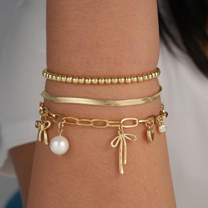 3PCS Charm Gold Bracelets for Women Non Tarnish,14k Plated Gold Bracelet Stack Cute Dainty Stackable Trendy Bow Cross Clover Bracelets Set Tarnish Free Gold Jewelry for Women Gifts - color: Pearl Bow-Gold