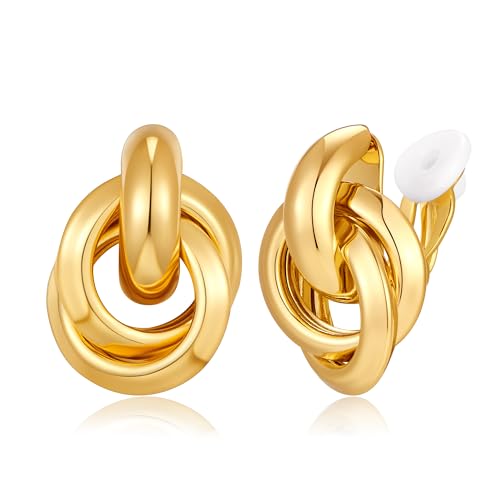 Gold Geometric Clip On Earrings for Women Chunky Gold Knot Link Clip Earrings Trendy Jewelry - color: Gold-C