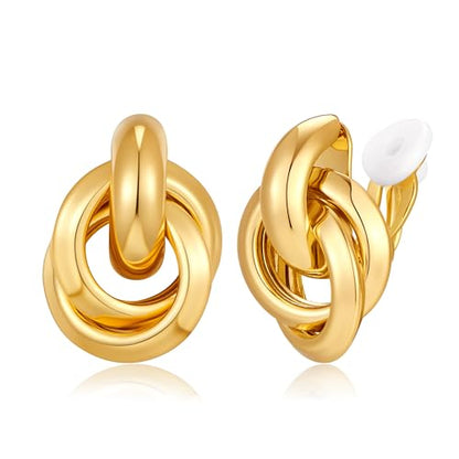Gold Geometric Clip On Earrings for Women Chunky Gold Knot Link Clip Earrings Trendy Jewelry - color: Gold-C