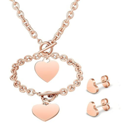 3 Pcs Heart Bow Snow Jewelry Set | Heart Necklace with Bracelet Earring, Snow Jewelry Set for Women, Bow Charms Toggle Gifts - color: Rose Gold, style: Stainless Steel Heart