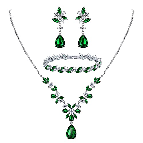 EleQueen Women's Wedding Bridal Jewelry Set for Brides Bridesmaids, Silver/14K Gold/Rose Gold Plated Cubic Zirconia Teardrop Necklace Dangle Earrings Bracelet Sets for Party Prom - color: 06-Emerald Color-Necklace+Earrings+Bracelet