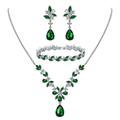 EleQueen Women's Wedding Bridal Jewelry Set for Brides Bridesmaids, Silver/14K Gold/Rose Gold Plated Cubic Zirconia Teardrop Necklace Dangle Earrings Bracelet Sets for Party Prom - color: 06-Emerald Color-Necklace+Earrings+Bracelet