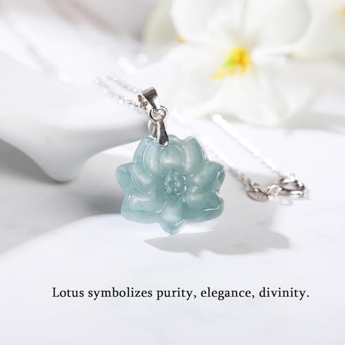 Real Green Jade Pendant Necklace for Women Donut/Heart/Clover/Teardrop/Rose/Lotus Flowers Genuine Jadeite Jewelry with Gold Plated 925 Sterling Silver Chain - style: Lotus Silver Necklace
