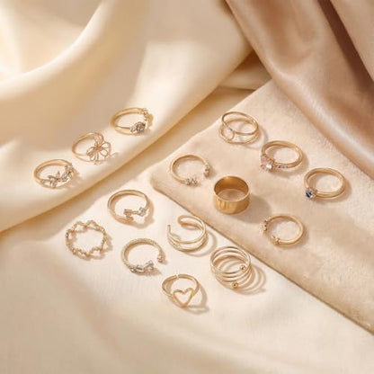 42-Piece Gold Tone Stackable Ring Set for Women, Boho Minimalist Stacking Rings with Crystal & Heart Accents, Adjustable Open Band Jewelry for Daily Wear - style: TZJ-003352-01