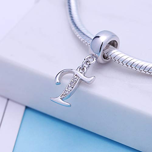 925 Sterling Silver Charms Alphabet Beads fit Pandora Charm Bracelets A-Z Letter Initial Spacer Dangle Clear CZ Stone Authentic for Snake Chain Bracelets - color: T