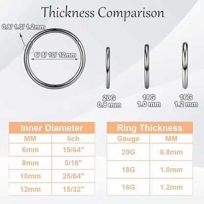 Nose Rings 20G 18G 16G 316L Surgical Steel Hinged Clicker Segment Nose Hoop Helix Cartilage Daith Tragus Sleeper Earrings Body Lip Piercing Jewelry for Women Men 6mm 7mm 8mm 10mm 12mm - style: 09:Black-16G*6/8/10/12mm(8pcs)