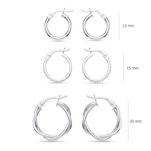Charmsy Set of 3 Pairs 925 Sterling Silver Hoop Earrings for Women | Lightweight Italian 2.5mm Tube Diamond-Cut Classic Texured Click-Top Hoops Earring | Size 12/13/15/18/20/25mm - color: Tri-PAIR-13/15/20mm