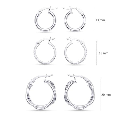 Charmsy Set of 3 Pairs 925 Sterling Silver Hoop Earrings for Women | Lightweight Italian 2.5mm Tube Diamond-Cut Classic Texured Click-Top Hoops Earring | Size 12/13/15/18/20/25mm - color: Tri-PAIR-13/15/20mm