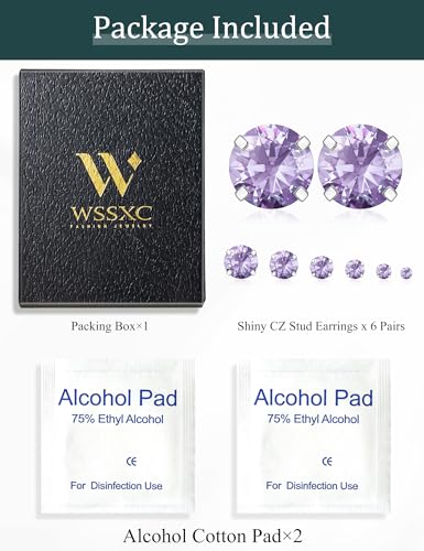 6 Pairs Hypoallergenic Cubic Zirconia Earrings Surgical Steel Flat Back Studs for Cartilage, Screw Back Fashion Jewelry - color: A-005-Light Purple