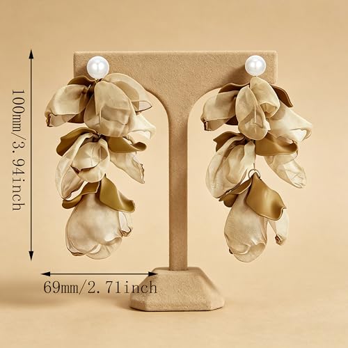 Handmade Bohemian Lightweight Fabric Flower Dangle Drop Earrings Chic Pearl Large Tassel Petal Stud Earrings For Women - color: khaki