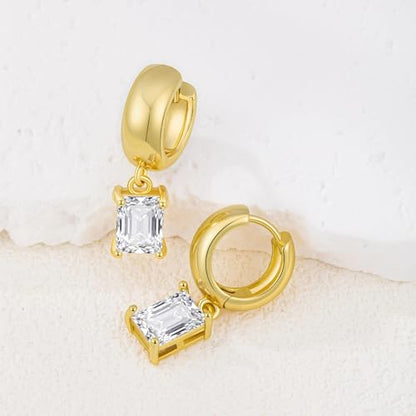 Chunky Gold Huggie Cz Dangle Earrings for Women | Hoop Huggies Dangly, Cubic Zirconia Drop Earring, Diamond Crystal Charm, Statement Dangling Earrings, Jewelry Gifts - color: Gold-Rectangle