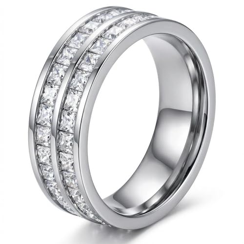 Dazzling Cubic Zirconia Band Ring for Women, Hypoallergenic Stainless Steel Titanium Women Finger Thumb Ring in Silver/Gold Tone, Wedding Eternity Band Infinity Love Ring for Her - color: silver