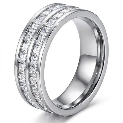 Dazzling Cubic Zirconia Band Ring for Women, Hypoallergenic Stainless Steel Titanium Women Finger Thumb Ring in Silver/Gold Tone, Wedding Eternity Band Infinity Love Ring for Her - color: silver