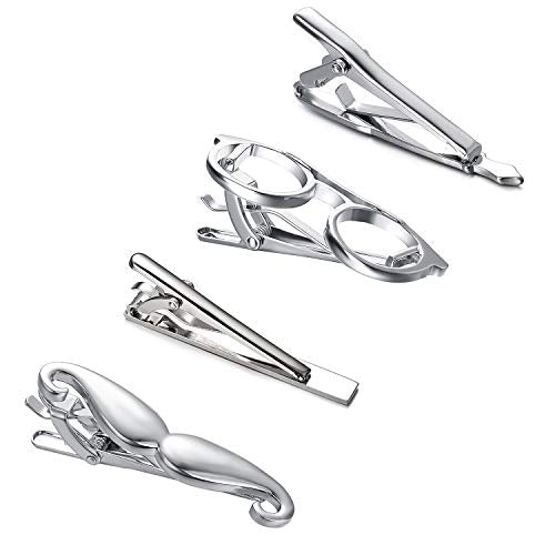 Yoursfs 4 Pcs Funny Tie Clips Set For Men Unique Stainless Steel Eye Glasses/Ruler/Pen/Mustache Tie Clips Personalized Jewelry - style: 4 Pcs Tie Clips Set