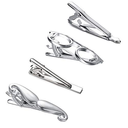Yoursfs 4 Pcs Funny Tie Clips Set For Men Unique Stainless Steel Eye Glasses/Ruler/Pen/Mustache Tie Clips Personalized Jewelry - style: 4 Pcs Tie Clips Set