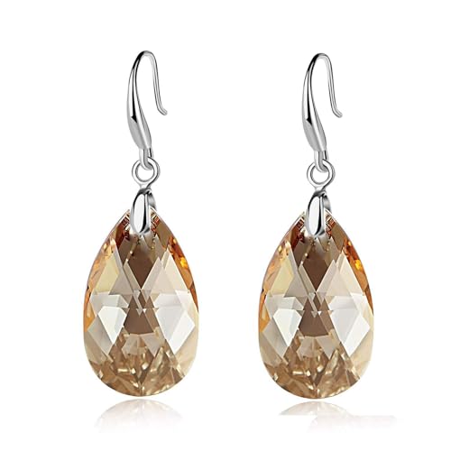 Austrian Crystal Teardrop Dangle Hook Earrings for Women 14K Gold Plated Hypoallergenic Jewelry - color: Light Topaz