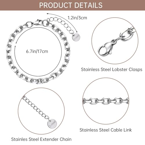 UMAOKANG 10 Pack Stainless Steel Bracelet Chain Bulk for Jewelry Making | Silver Chunky Cable Hand Chain Bracelets for Men and Women Charm Permanent Bracelet Kit - color: 10pcs Cable Steel