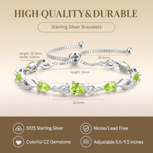 FANCIME Birthstone Teardrop Tennis Bracelet for Women, Sterling Silver 9x7mm main Gemstone Bolo Adjustable Chain Bracelet Fine Jewelry Birthday Gifts for Women Mom Wife Her - color: 08-Peridot